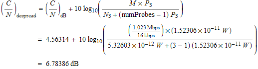 (C/N) _despread = (C/N) _dB + 10log_10((M � P_3)/(N_3 + (numProbes - 1) P_3))  FormBox ... p;      , RowBox[{=,  , RowBox[{6.78386, dB}]}]}], TraditionalForm] 