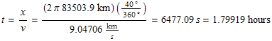 FormBox[RowBox[{t, =, RowBox[{x/v, =, RowBox[{RowBox[{RowBox[{(, RowBox[{RowBox[{(, RowBox[{2, ... s}], )}]}], =, RowBox[{RowBox[{6477.09, s}], =, RowBox[{1.79919, hours}]}]}]}]}], TraditionalForm]