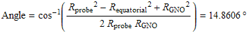 FormBox[RowBox[{Angle, =, RowBox[{cos^(-1)((R_probe^2 - R_equatorial^2 + R_GNO^2)/(2 R_probe R_GNO)), =, RowBox[{14.8606, �}]}]}], TraditionalForm]