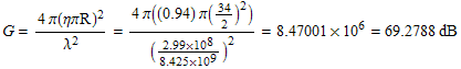 FormBox[RowBox[{G, =, RowBox[{(4π(ηπR)^2)/λ^2, =, RowBox[{RowBox[{RowBox[{ ... }]}], =, RowBox[{RowBox[{8.47001, �, 10^6}], =, RowBox[{69.2788,  , dB}]}]}]}]}], TraditionalForm]