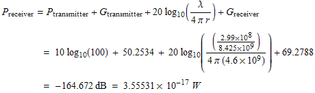 P_receiver = P_transmitter + G_transmitter + 20 log_10(λ/(4 π r)) + G_receiver ɯ ... Box[{-, 164.672}],  , dB}],  , =,  , RowBox[{3.55531, �,  , 10^(-17), W}]}]}]}], TraditionalForm] 
